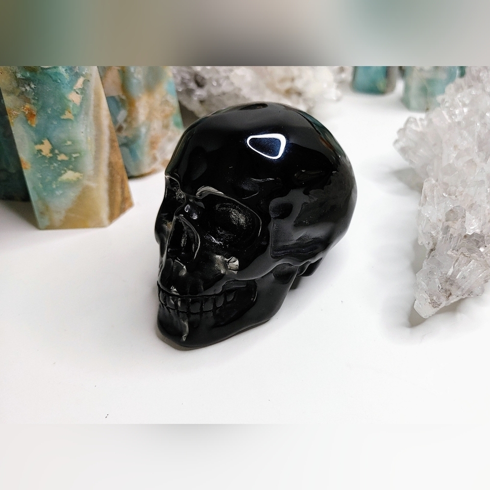 Gold Sheen Black Obsidian Crystal Skull Carving - Picture 6 of 12
